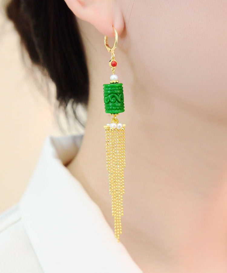 Green 14k Gold Jade Pearl Dry Green Tassel Drop Earrings