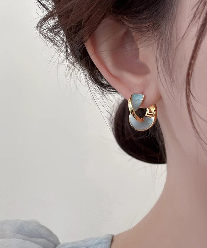 Diy Blue Copper Overgild Wave Hoop Earrings