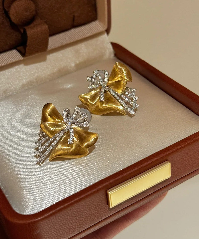 Gold Alloy Asymmetrical Bow Zircon Silk Stud Earrings