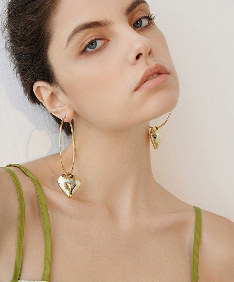 Classy Golden Love Pendant Metal Hoop Earrings