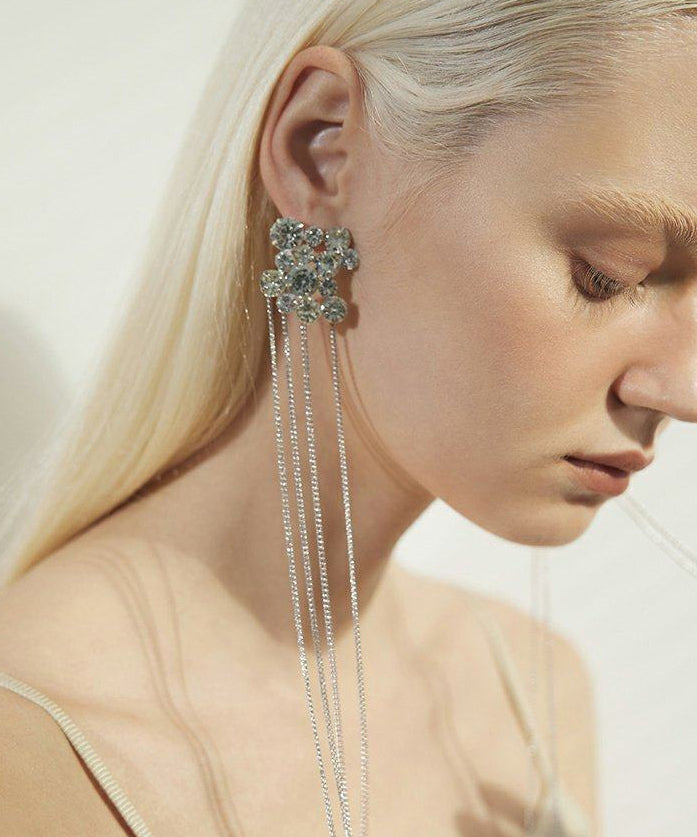 Retro Silvery Zircon Long Tasseled Metal Drop Earrings