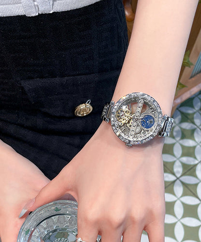 White Stainless Steel Zircon Tempered Glass Watch