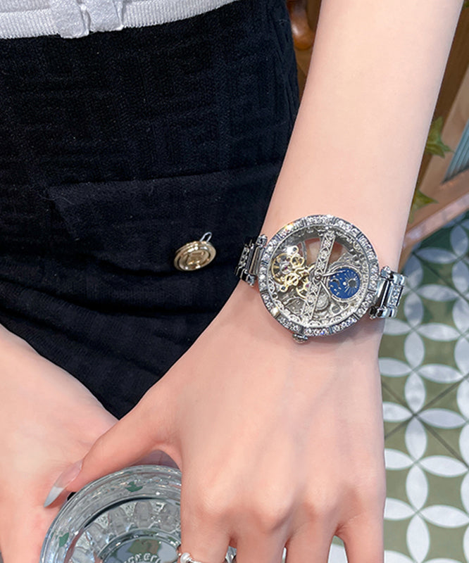 White Stainless Steel Zircon Tempered Glass Watch
