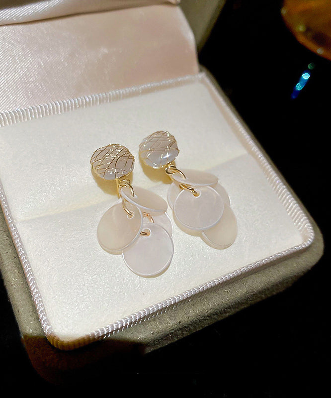 White Copper Cat's Eye Stone Shell Tassel Drop Earrings