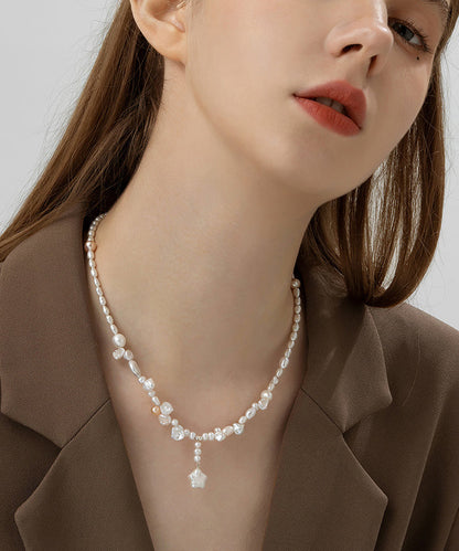White Sterling Silver Pearl Pentagram Pendant Necklace