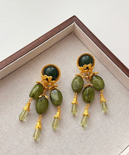 Chinese Style Green Alloy Jade Tassel Drop Earrings