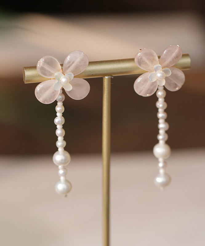 Pink Weave Crystal Pearl Tassel Drop Earrings