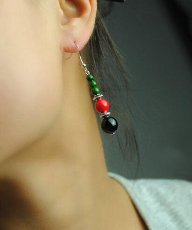 Multi Agate Beads Tibetan Style Silver Drop Earrings