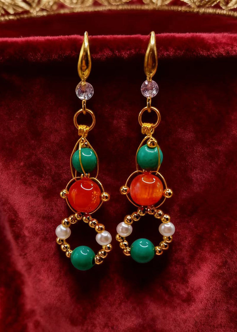 Stylish Orange Crystal and Fine Turquoise Drop Earrings