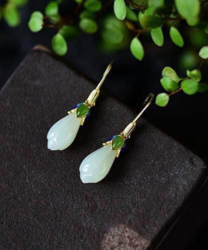 White Paitings Silver Jade Drop Earrings