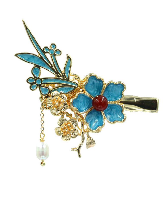 Chinese Style Blue Sterling Silver Overgild Pearl Tassel Hairpin