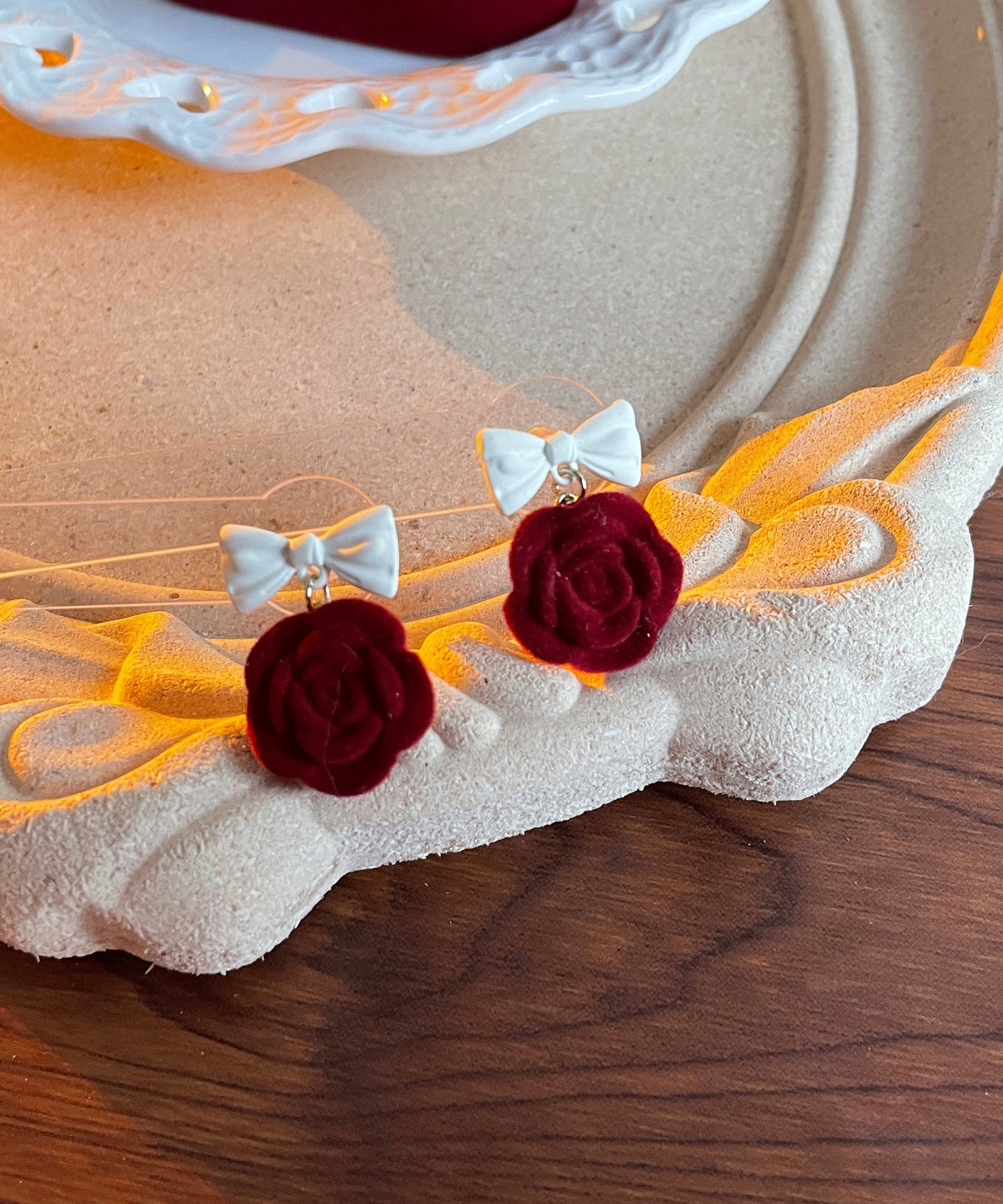 Diy Red Flocking Alloy Rose Flower Bow Drop Earrings