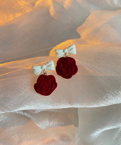 Diy Red Flocking Alloy Rose Flower Bow Drop Earrings