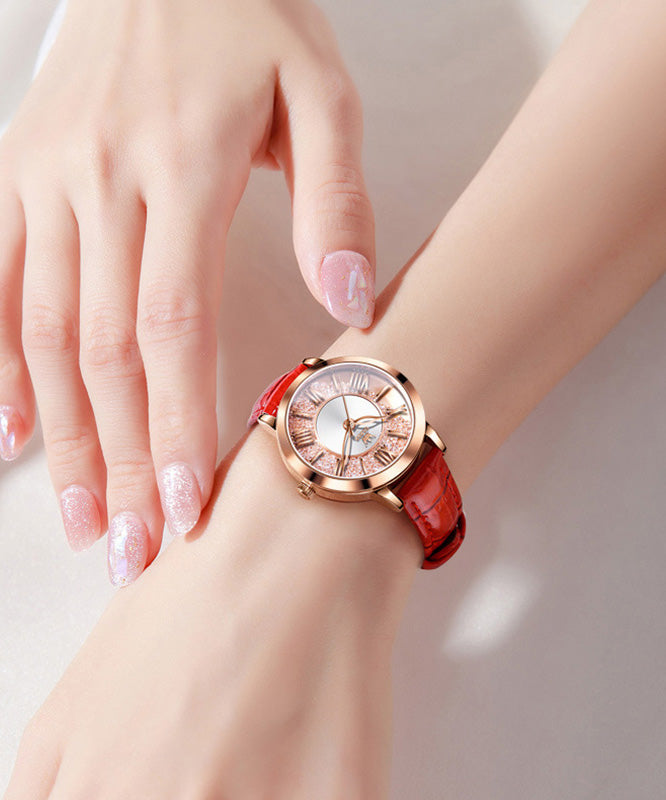 Red Leather Overgild Zircon Quartz Movement Waterproof Leather Watch