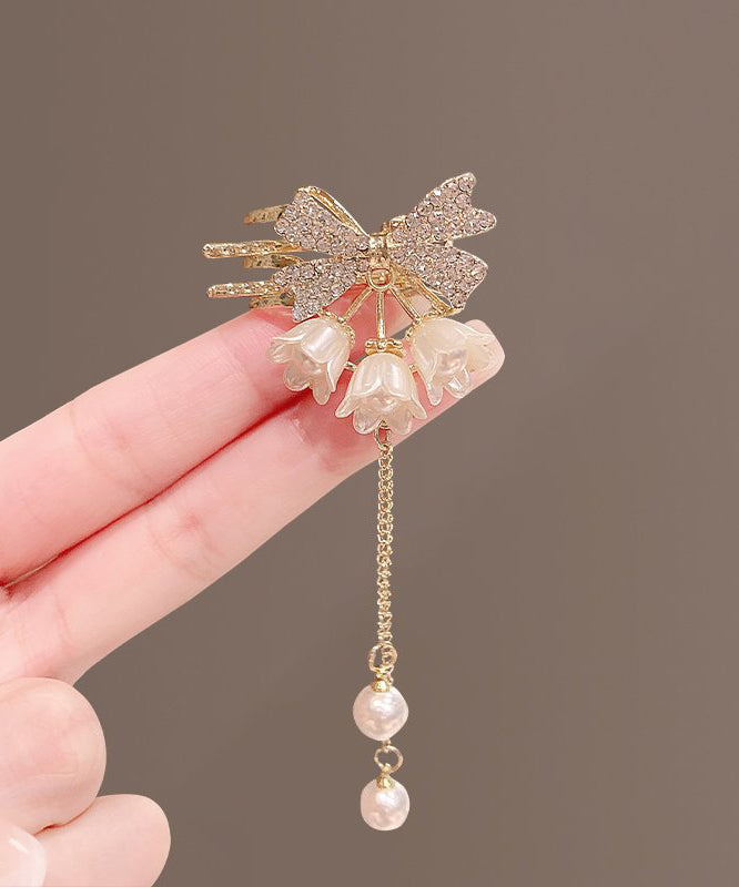Gold Alloy Zircon Pearl Lily of the Valley Tassel Hairpin