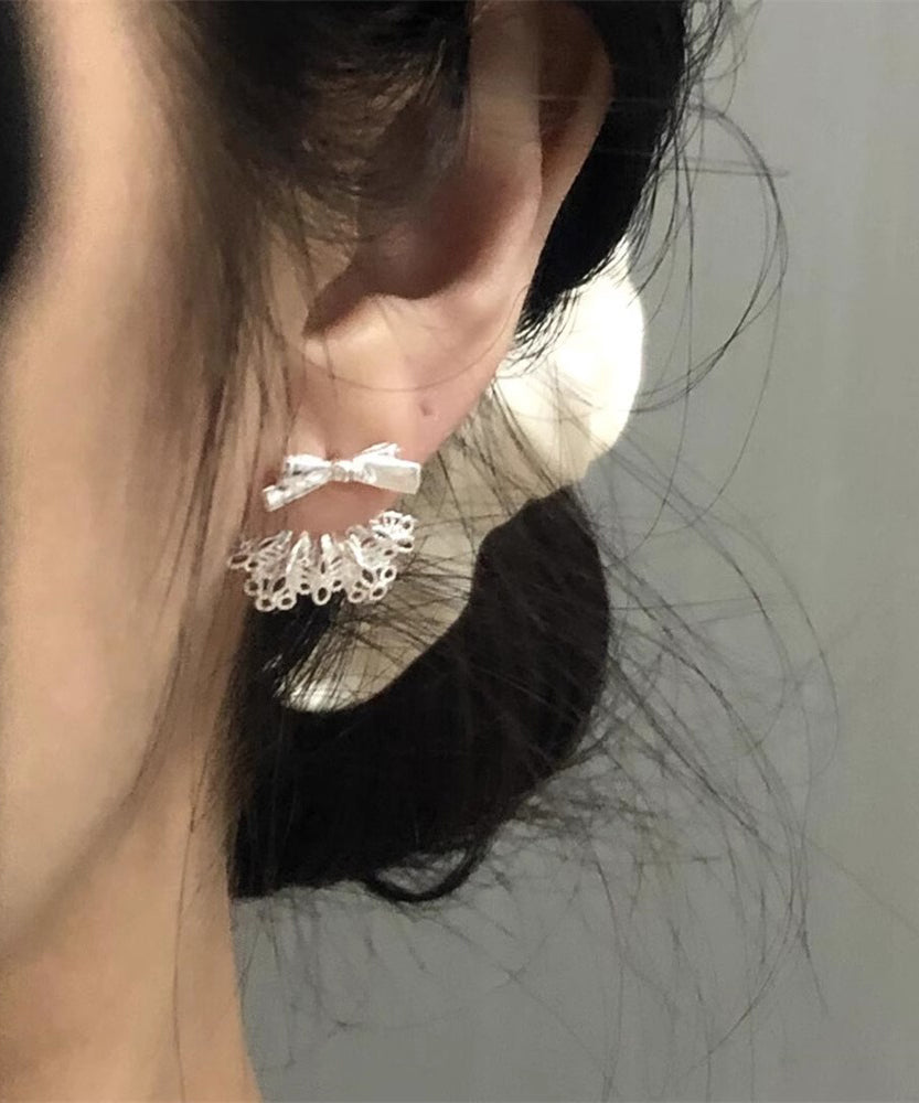 White Sterling Silver Alloy Bow Lace Patchwork Stud Earrings