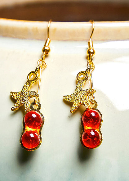 Red Gem Stone Starfish 14k Gold Drop Earrings