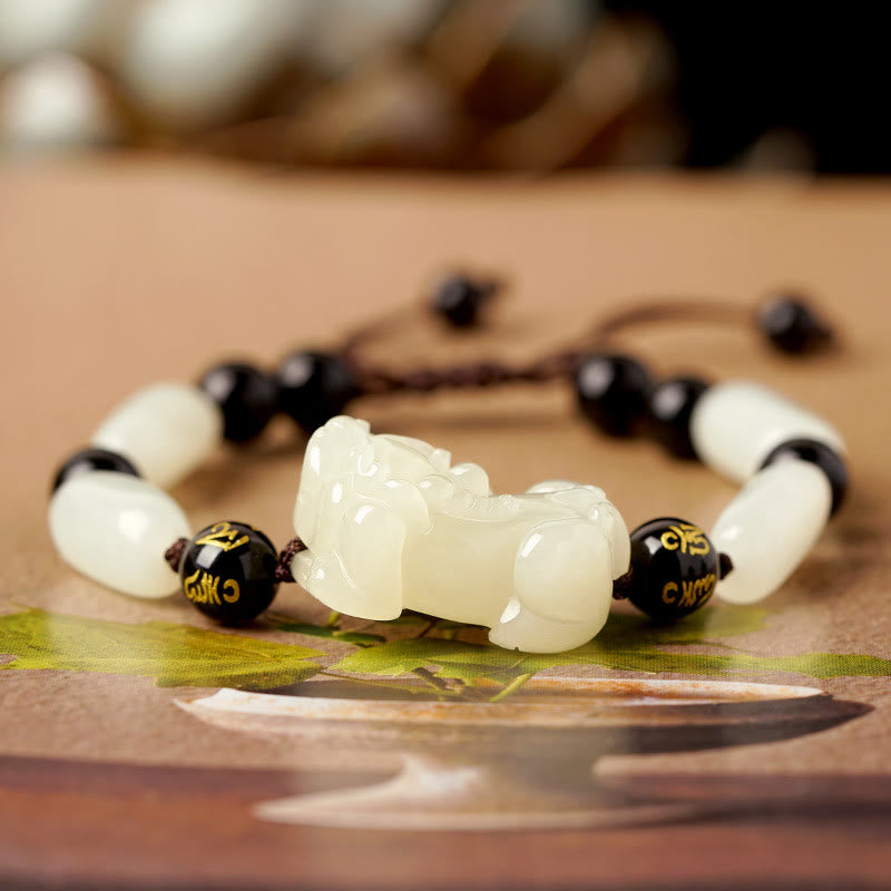 Buddha Stones Natural Hetian White Jade Pixiu Wealth String Bracelet