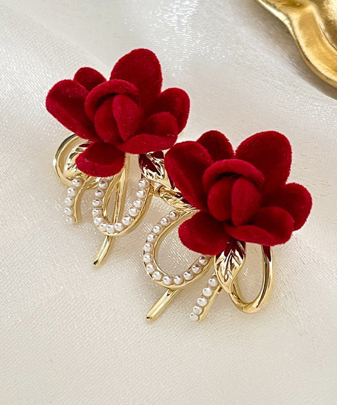 Vogue Red Copper Overgild Flocking Pearl Bow Stud Earrings