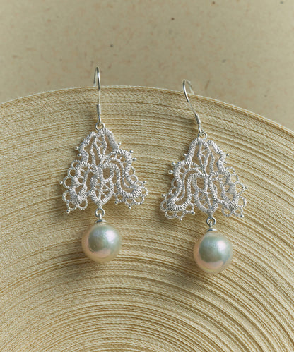 Diy White Sterling Silver Lace Pearl Drop Earrings