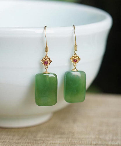 Green Sterling Silver Square Jade Drop Earrings