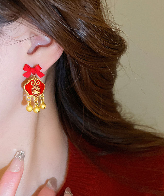 Gold Sterling Silver Overgild Bow Safety Lock Drop Earrings