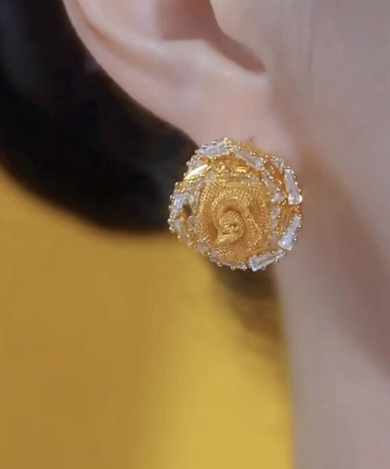 Modern Gold Copper Alloy Tulle Zircon Rose Stud Earrings