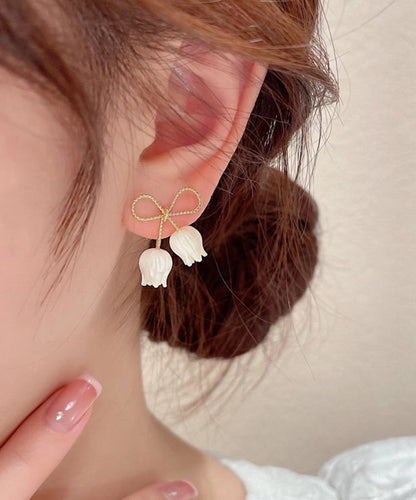 White Sterling Silver Alloy Bow Shell Stud Earrings