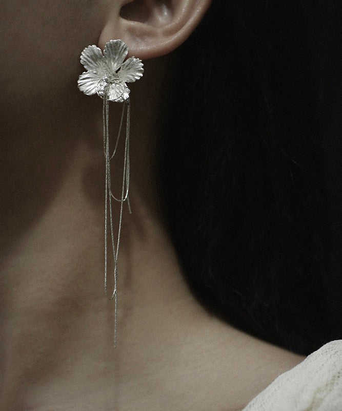 Novelty Silk Sterling Silver Chain Tassel Asymmetry Drop Earrings