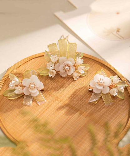 Chinese Style White Alloy Pearl Colored Glaze Chiffon Ribbon Hairpin