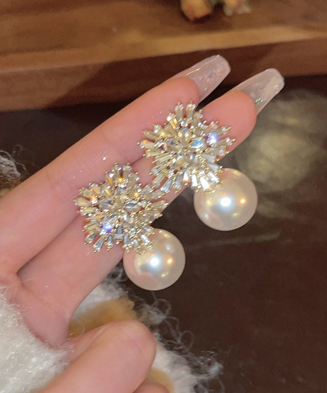 Beige Copper Overgild Zircon Pearl Snowflake Stud Earrings