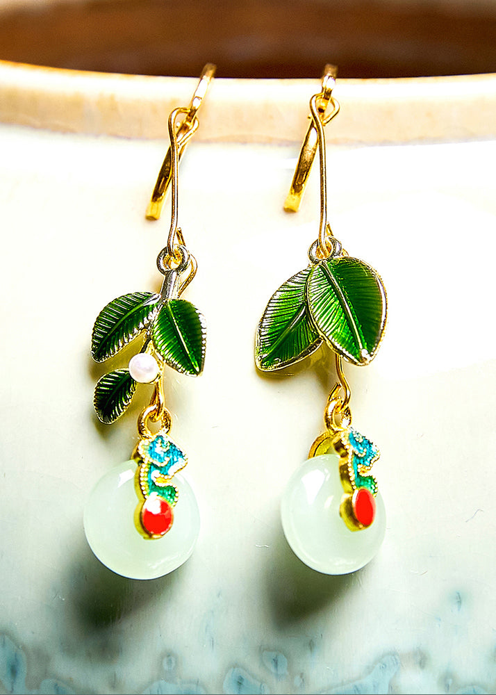 Metal Green Leaf Circular Jade Drop Earrings
