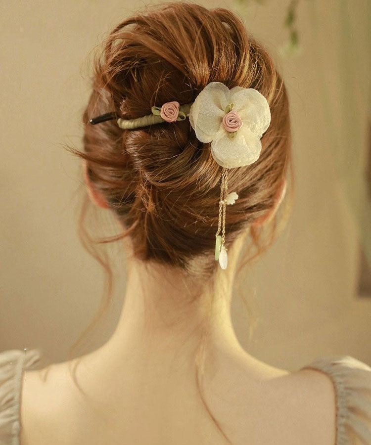 Original Design Apricot Fabric Tulle Pearl Tassel Hairpin