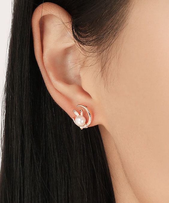 Gold Rabbit Pearl S925 Silver Stud Earrings