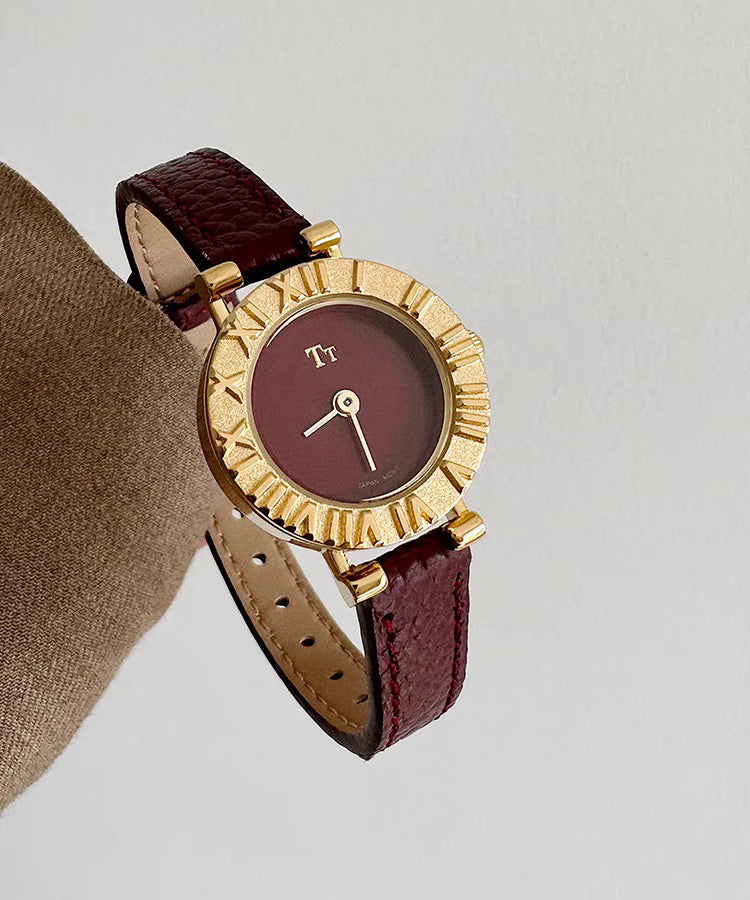 Red Stainless Steel Leather Hardlex Crystal Watches
