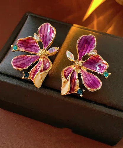 Retro Purple Sterling Silver Overgild Zircon Dripping Glaze Stud Earring