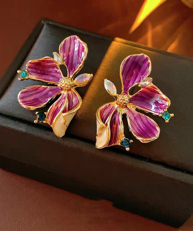 Retro Purple Sterling Silver Overgild Zircon Dripping Glaze Stud Earring