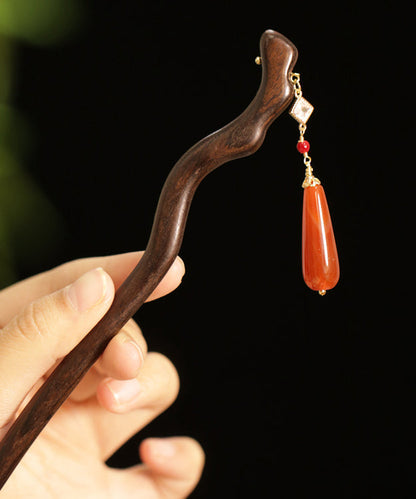 Red Sandalwood Agate Water Drop Hairpin