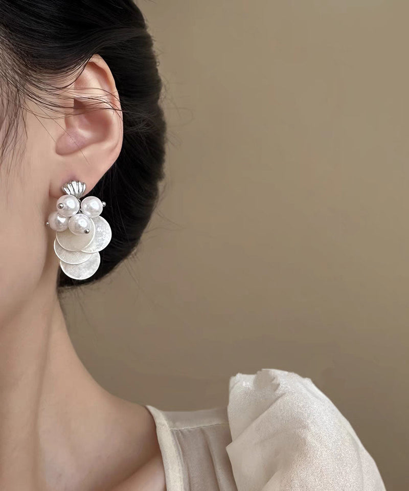 White Sterling Silver Alloy Shell Pearl Tassel Stud Earrings