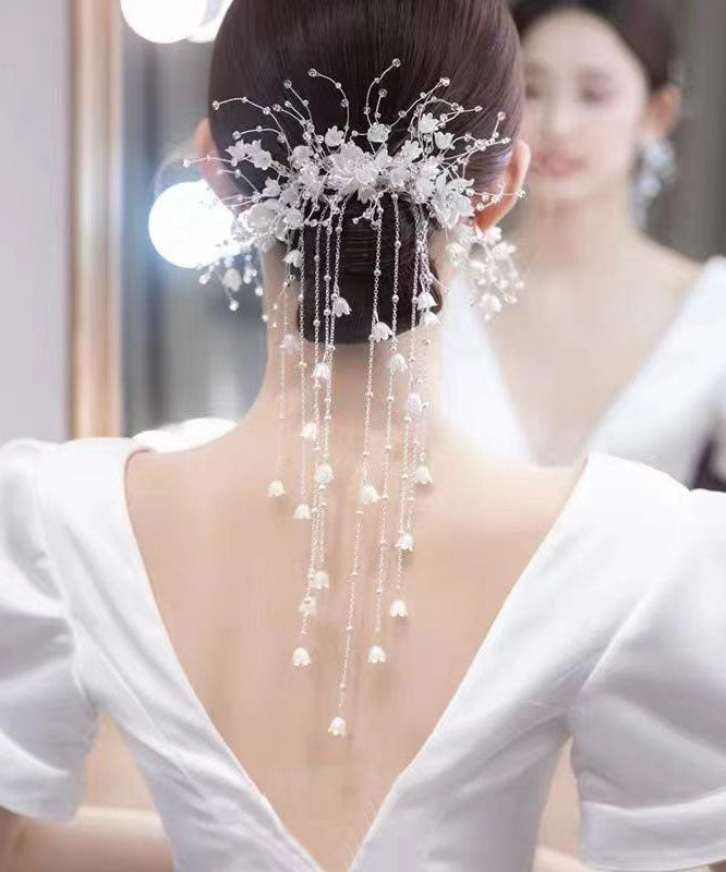 White Plastics Patchwork Silk Inlaid Tassel Hairpin