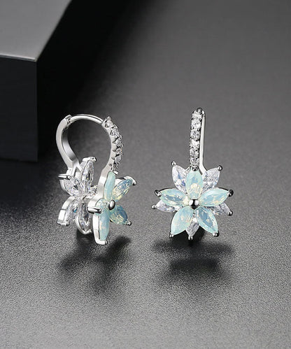 White Flower Zircon Copper Hoop Earrings