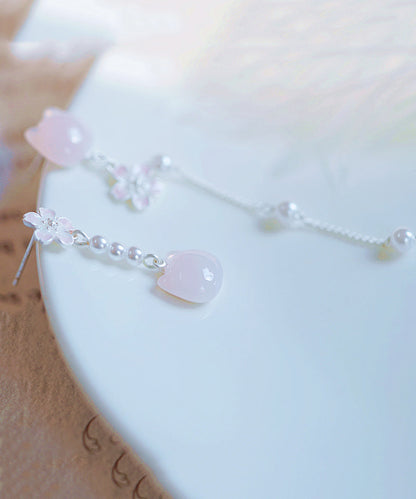 Brief Pink Sterling Silver Asymmetry Pearl Cats Tassel Drop Earrings