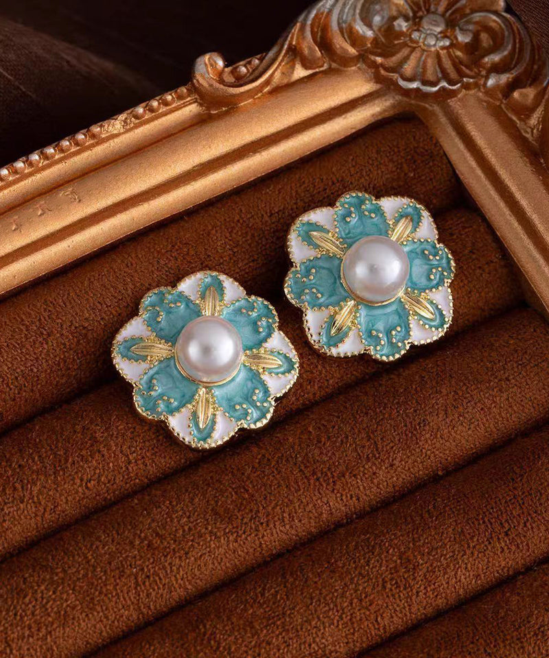 Blue Copper Pearl Stud Earrings