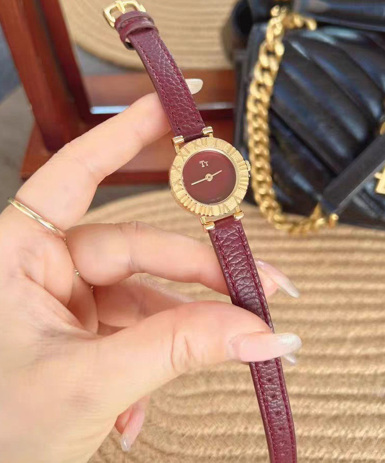 Red Stainless Steel Leather Hardlex Crystal Watches