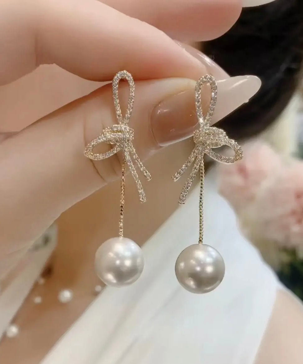 White Sterling Silver Alloy Bow Drop Earrings