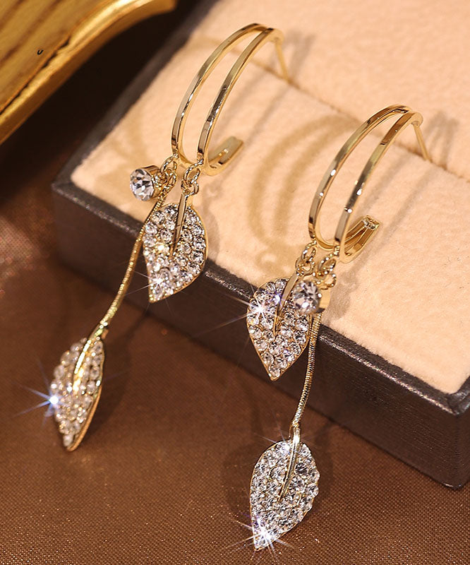 Gold Sterling Silver Zircon Leaf Drop Earrings
