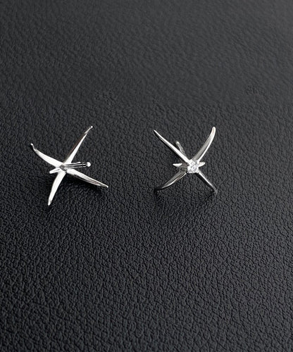 Unique Silk Sterling Silver Four-pointed Star Stud Earrings