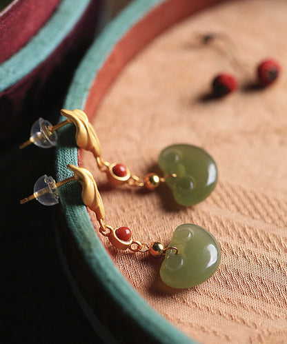 Gold Silver Inlaid Jade Agate Drop Earrings