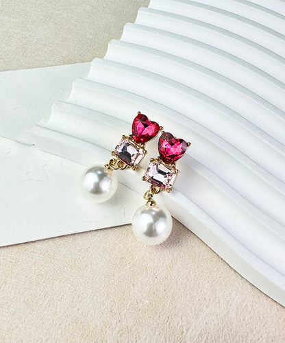 Stylish Red Sterling Silver Zircon Love Crystal Pearl Drop Earrings