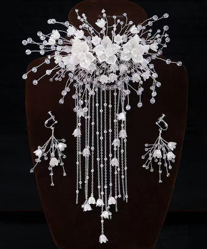 White Plastics Patchwork Silk Inlaid Tassel Hairpin